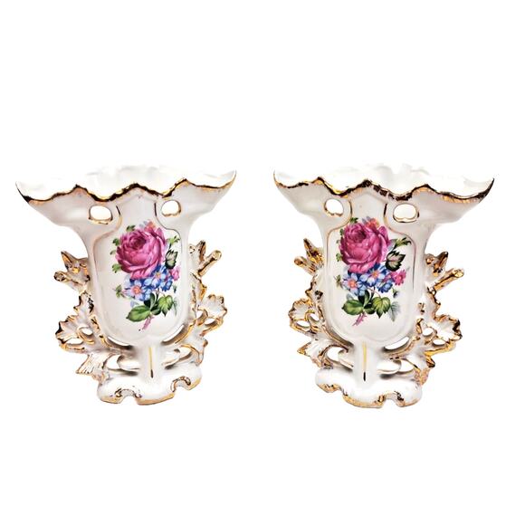 Pair Antique PORTUGAL Old Paris Style Spill Vases w Roses Daisies Circa 1900s - Picture 3 of 10